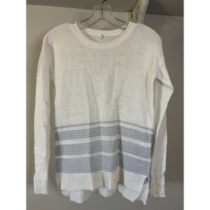 MARGARET O'LEARY White & Light Blue Striped Linen Sweater XS